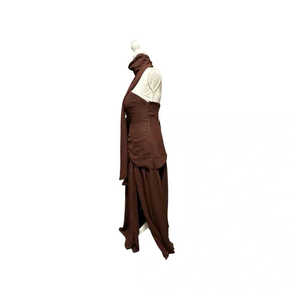 NWT, Elegant Chocolate Brown Strapless Dress With Scarf / Shoulder Cover‎